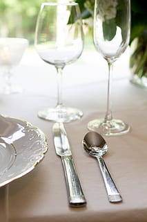 Silver Spoon and Knife on Table Near White Plate, cutlery, dining HD wallpaper