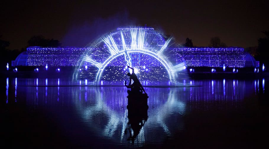 illuminated, light, technology, kew gardens, park, london, clock, HD wallpaper