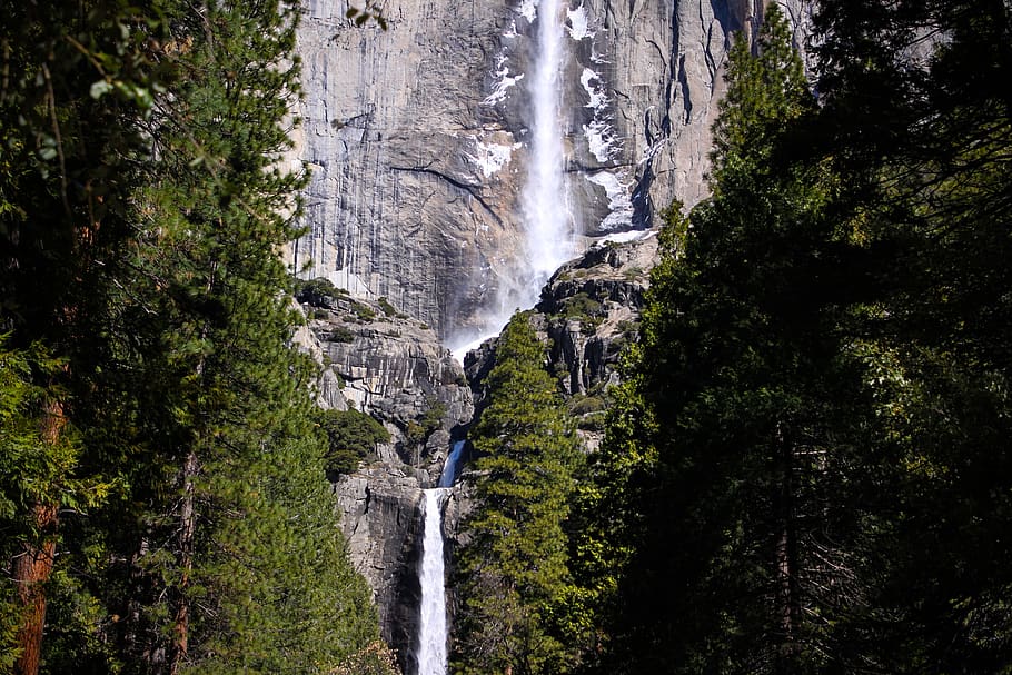 waterfalls on a cliffside, nature, outdoors, river, abies, tree HD wallpaper