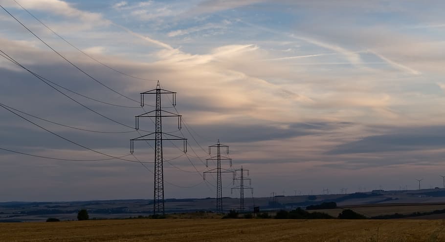 power line, strommast, clouds, sky, landscape, current, electricity HD wallpaper