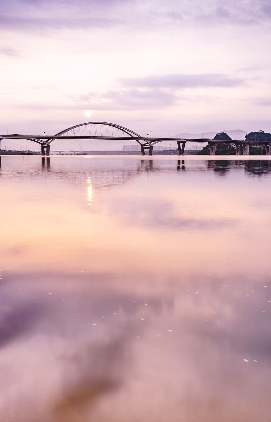 sunrise, bridge, river, dream, color, meditating, water, sky HD wallpaper