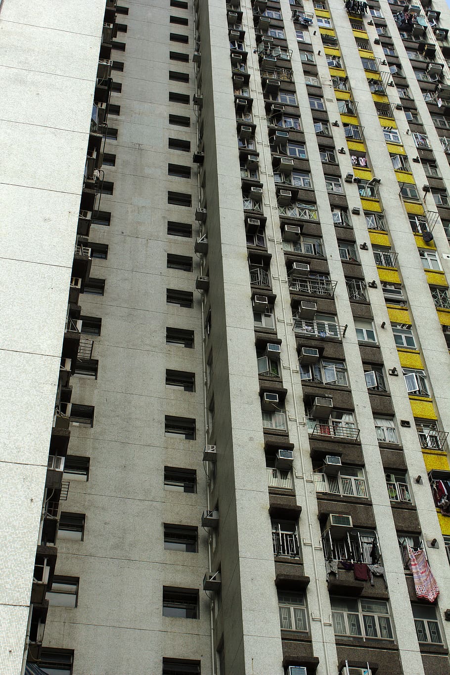 low angle view of apartment complex building, town, city, high rise
