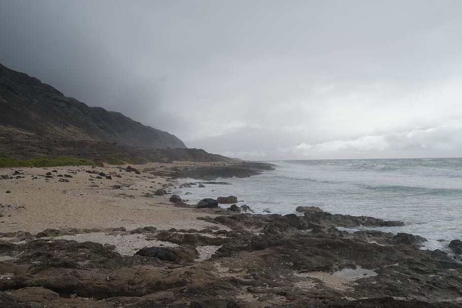 ocean, beach, rocks, sand, plants, cloudy, hawaii, nature, waves HD wallpaper