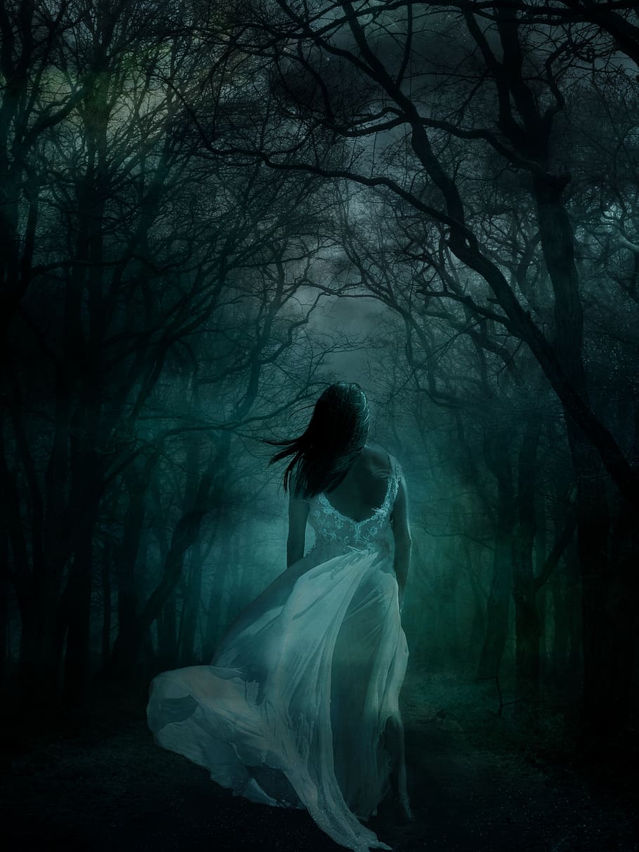 woman, female, girl, white dress, wood, forest, sleep walking