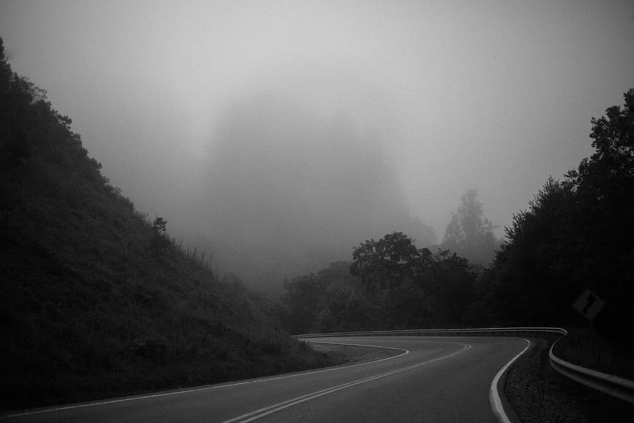 foggy sky under asphalt road, journey, bend, turn, remote, rural