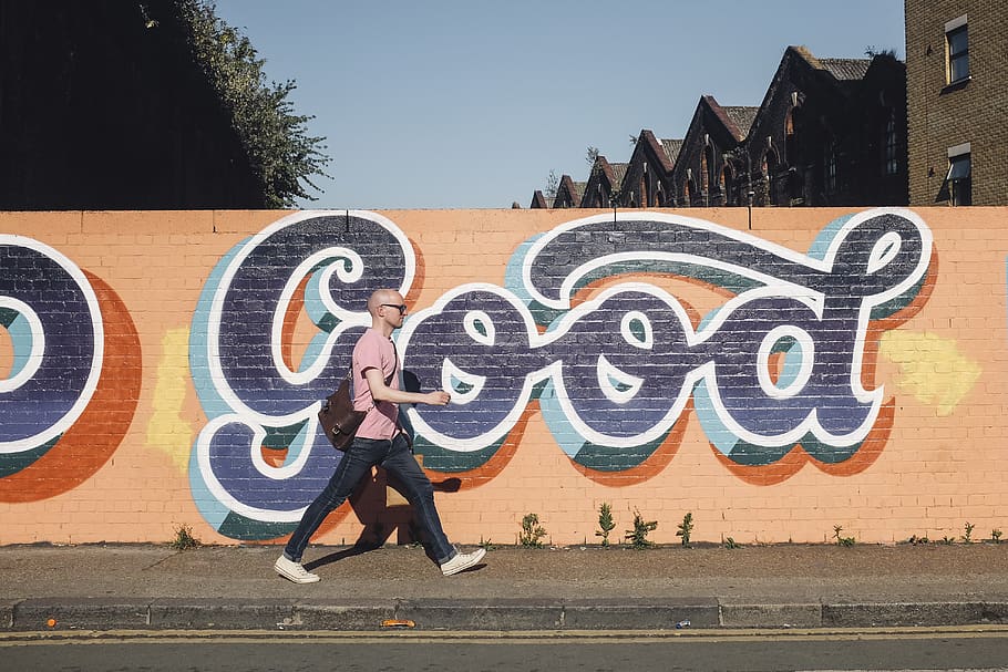 man walking beside graffiti wall, creativity, architecture, art and craft HD wallpaper