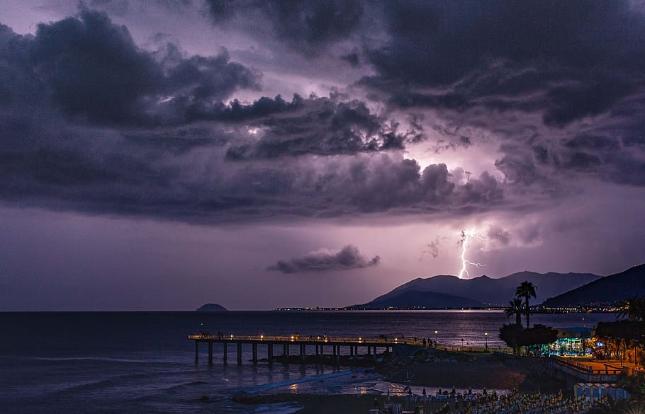 storm, thunder, thunderstorm, dark, city, cloud - sky, lightning HD wallpaper