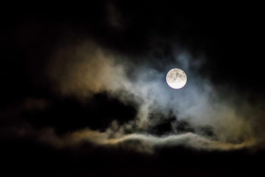 Clouds Under Full Moon, astronomy, cosmos, dark, eerie, evening HD wallpaper