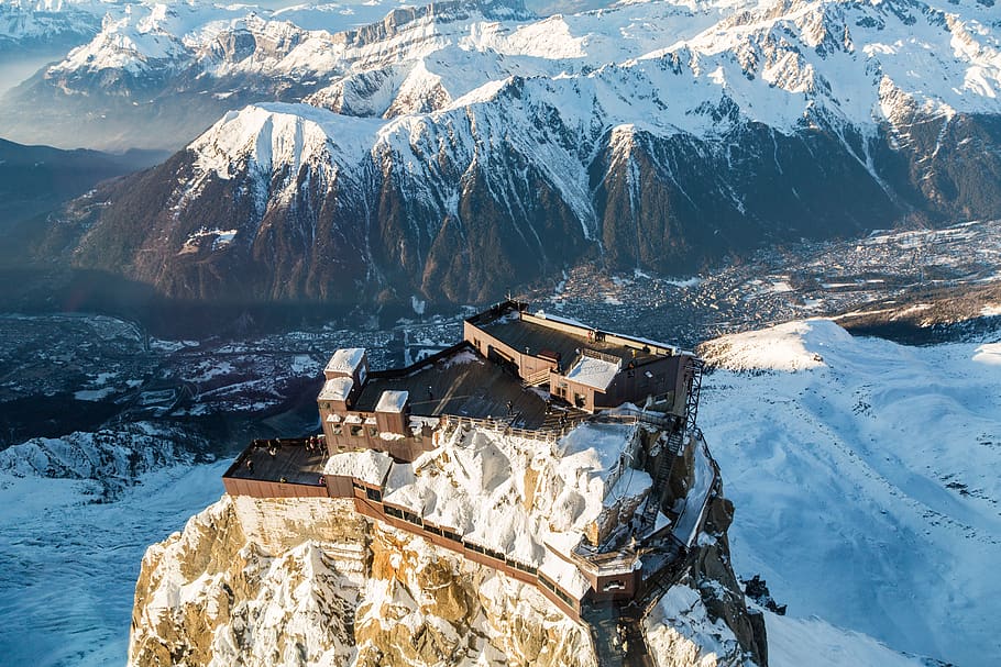 Brown and Black Wooden House, altitude, bird's eye view, cold HD wallpaper
