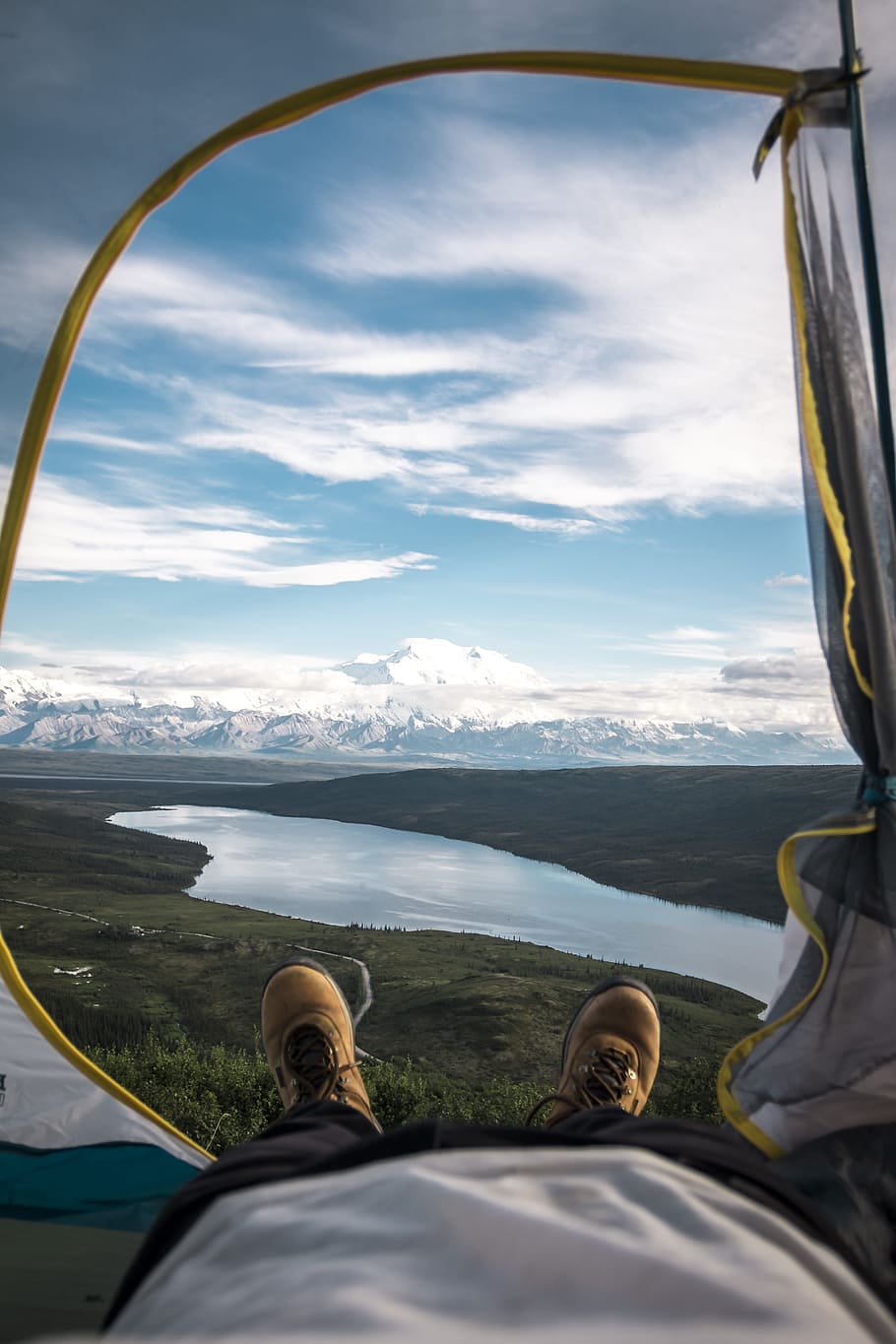 person wearing brown work boots, river, feet, camping, tent, mountain HD wallpaper
