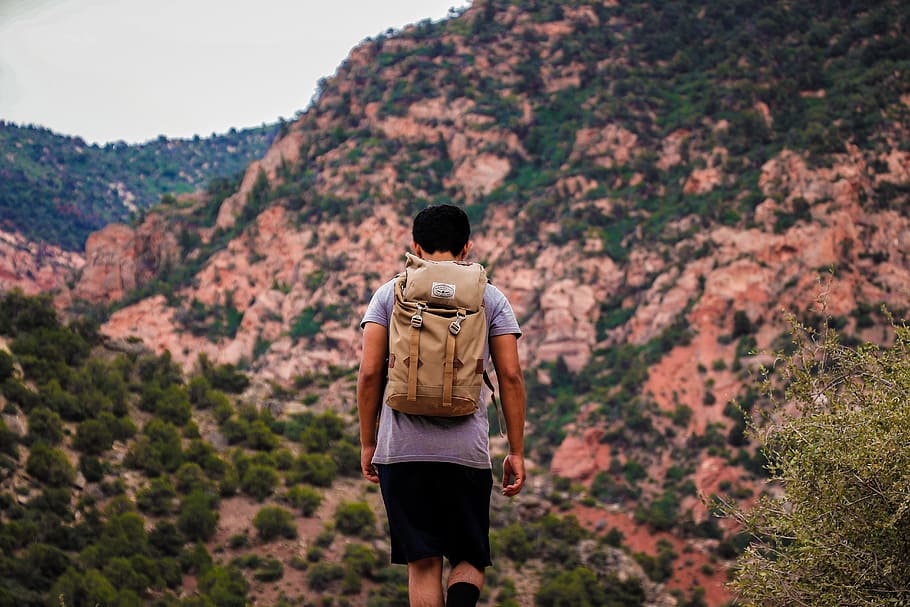 Man Wearing Brown Backpack, adventure, backpacker, daylight, exploration HD wallpaper