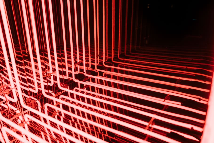 red frame neon lights, pattern, repetition, prism, glow, colour