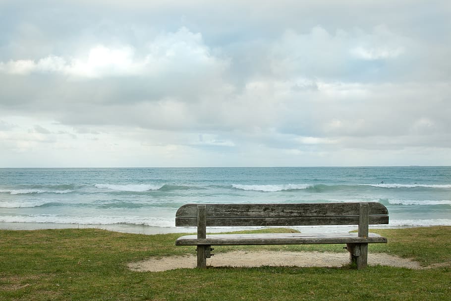empty bench fronting sea, seat, sky, land, cloud - sky, beauty in nature HD wallpaper