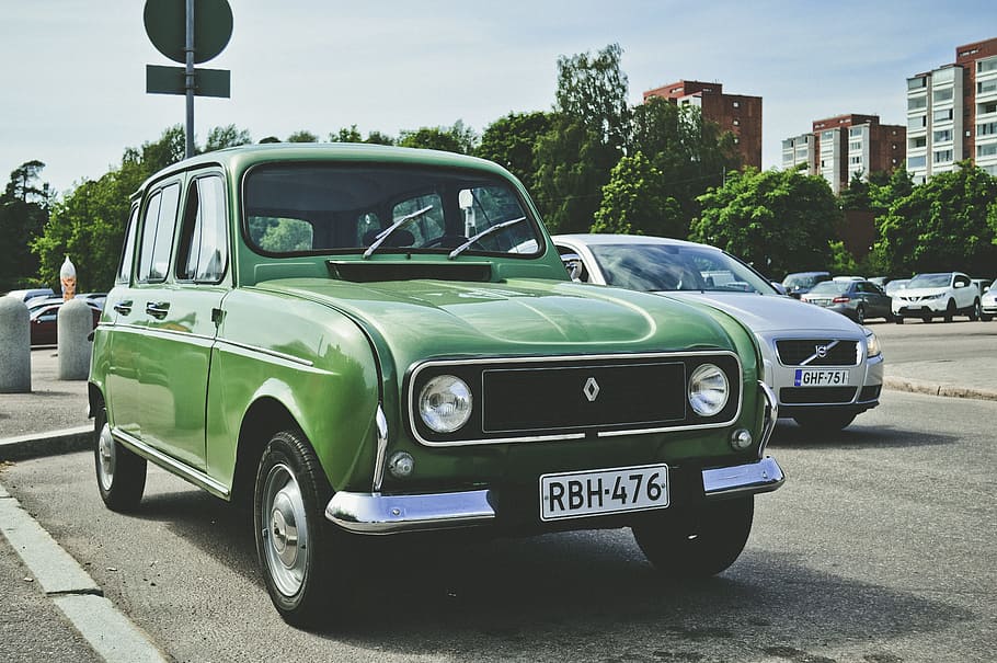 Green Renault Sedan, asphalt, auto, automobile, cars, city, classic