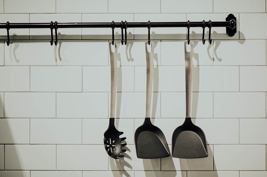 black-and-white cookware set, clothing, apparel, tool, coat rack