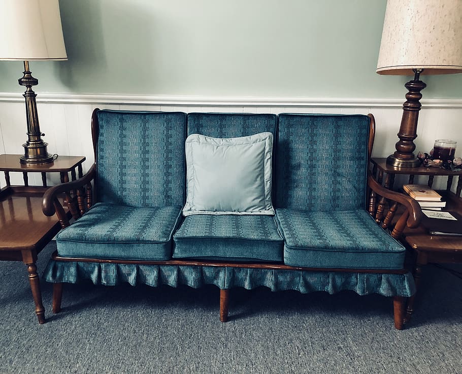 couch, teal, green, blue, scene, furniture, room, vintage, indoors, HD wallpaper
