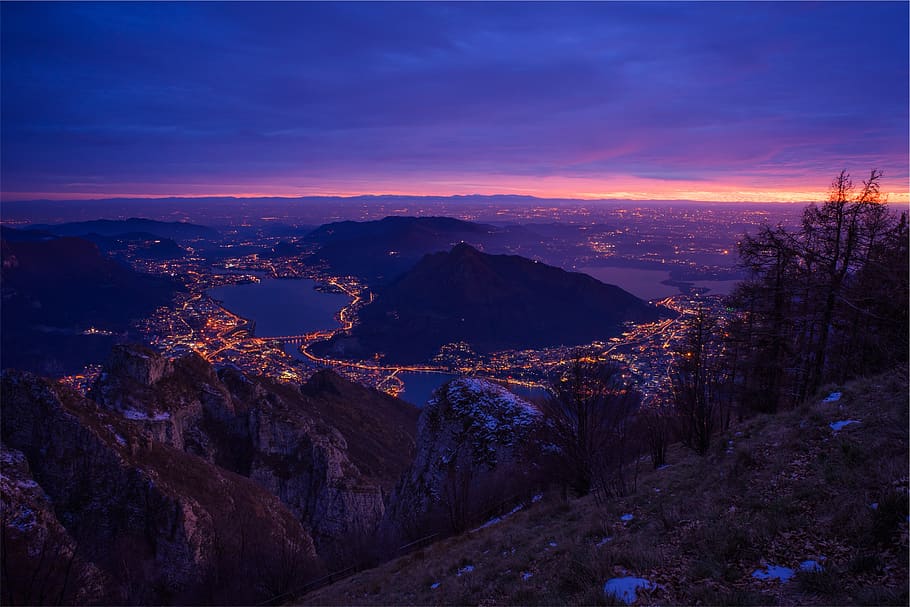 sunset, sky, dark, night, evening, landscape, city, aerial HD wallpaper