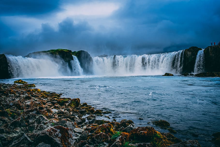 Waterfalls Photo, blue sky, blue water, cascade, clouds, dramatic HD wallpaper