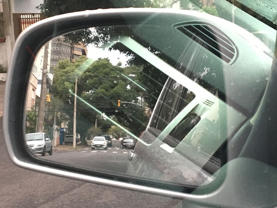 espelho, visão, confusão, aonde vamos, rua, carro, retrovisor