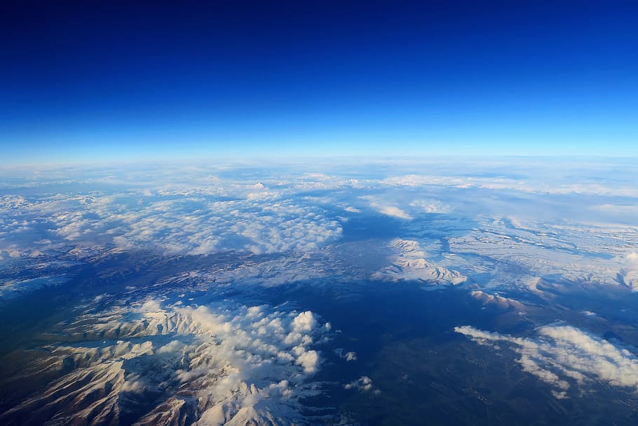 plane, clouds, mountains, snow, winter, aerial view, sky, blue HD wallpaper