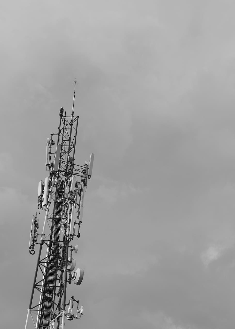 antenna, sky, black and white, cloudy, high, radio, broadcasting, HD wallpaper