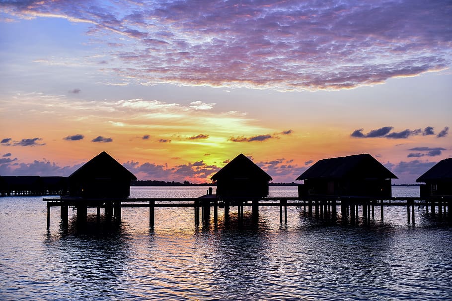 Houses on Body of Water, bridge, clouds, daylight, dock, huts HD wallpaper