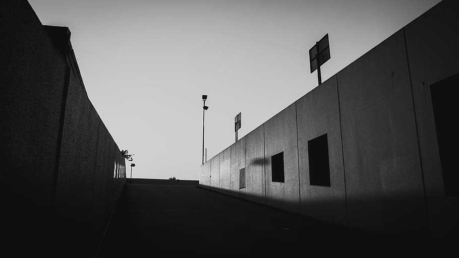Grayscale Photo Of A Road Between Two Walls, architecture, black and white, HD wallpaper