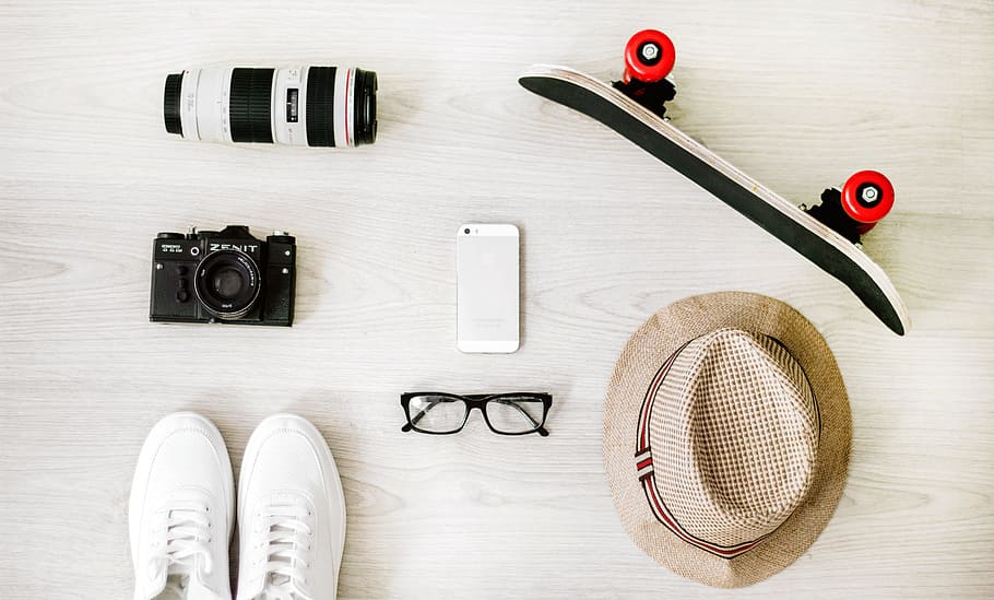 skateboard, trainers, hat, glasses, lens, photography, camera HD wallpaper