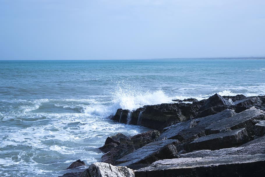 Black Rock Natural Formation Front of Sea, coast, daytime, nature HD wallpaper