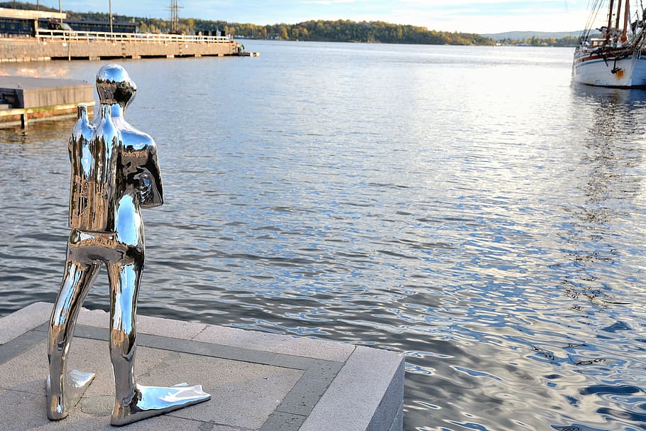sculpture, diver, diving, sea, oslo, norway, evening, sunset HD wallpaper
