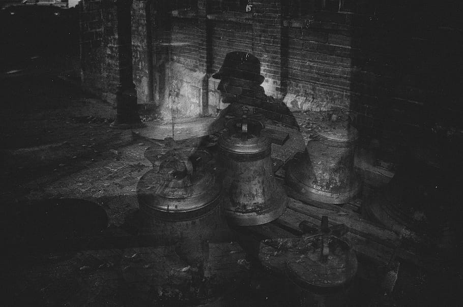 Black and white double exposure, art, bell, bells, blackandwhite HD wallpaper