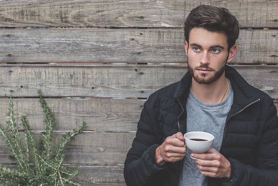 man, coffee, wood, wall, plant, rustice, young, people, male, HD wallpaper
