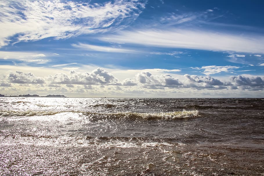 sea, horizon, sky, clouds, wave, beach, nature, travel, landscape HD wallpaper