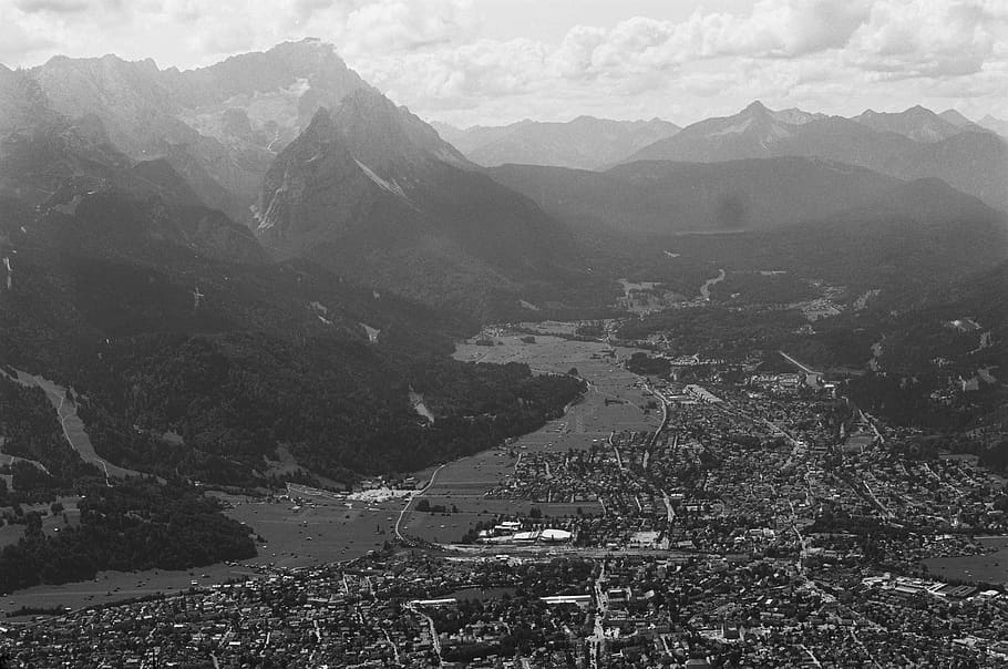 grayscale phto of cityscape, alps, outdoors, nature, mountain, HD wallpaper