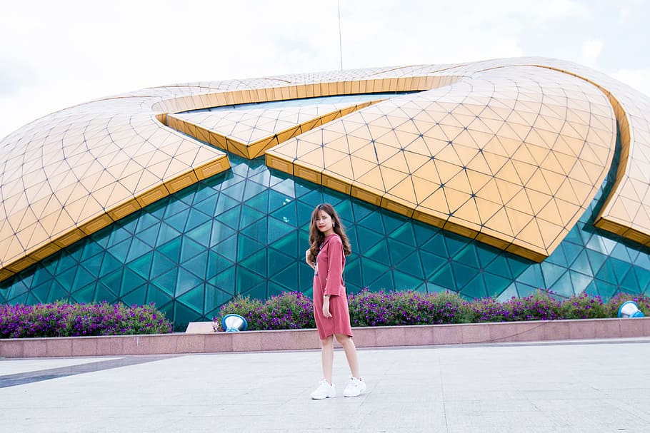 Photo of Woman Wearing Pink Long-sleeved Dress, architectural design HD wallpaper