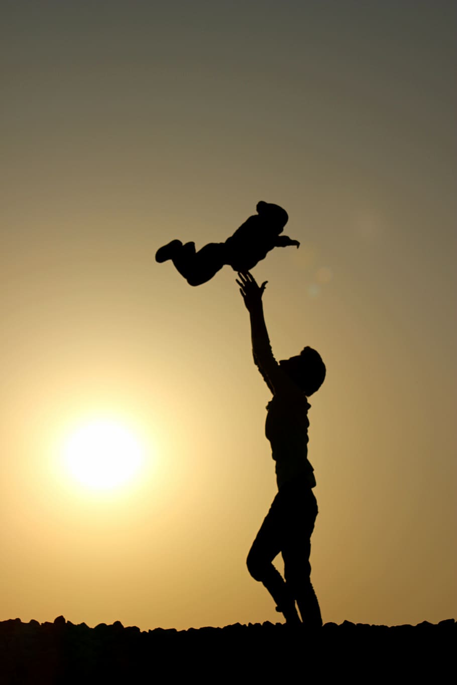 Silhouette of Person Catching A Baby, backlit, dawn, fun, idyllic HD wallpaper