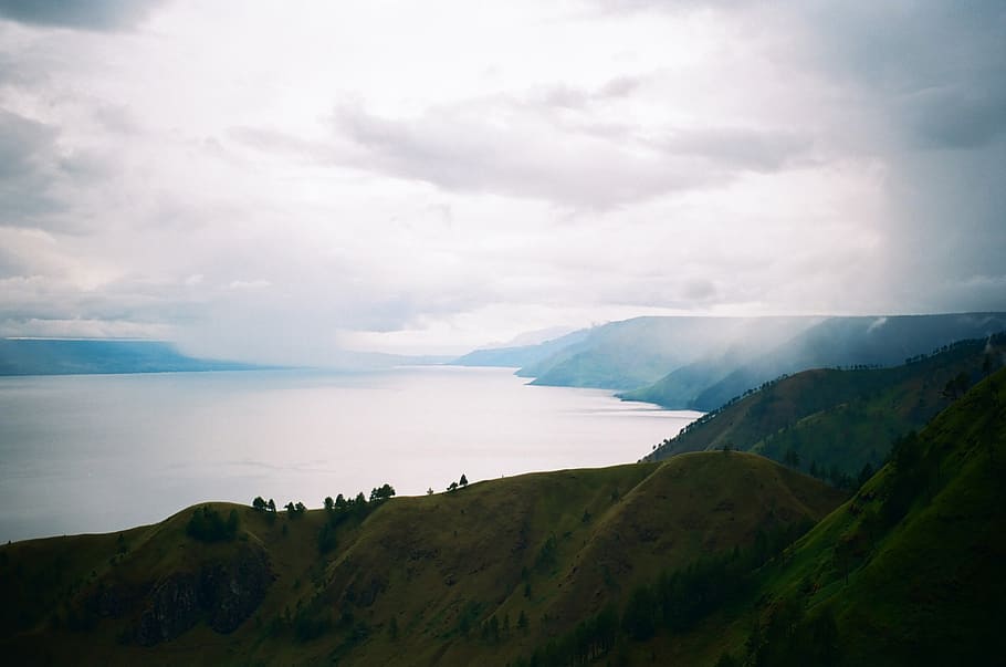 indonesia, lake toba, island, mountains, fog, misty, sumatra island, HD wallpaper