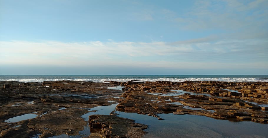 sea, blue, rocks, cloud, horizon, landscape, sky, ocean, seascape, HD wallpaper