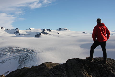 mountains, climber, peak, rock, man, top, success, harding icefield HD wallpaper
