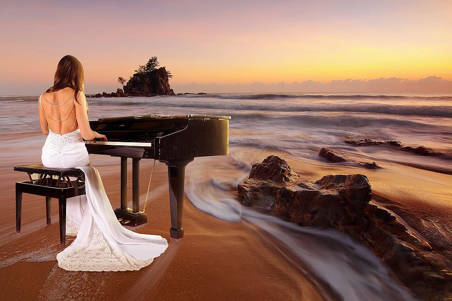 sea, beach, sunset, sunrise, piano spielerin, music, water, HD wallpaper