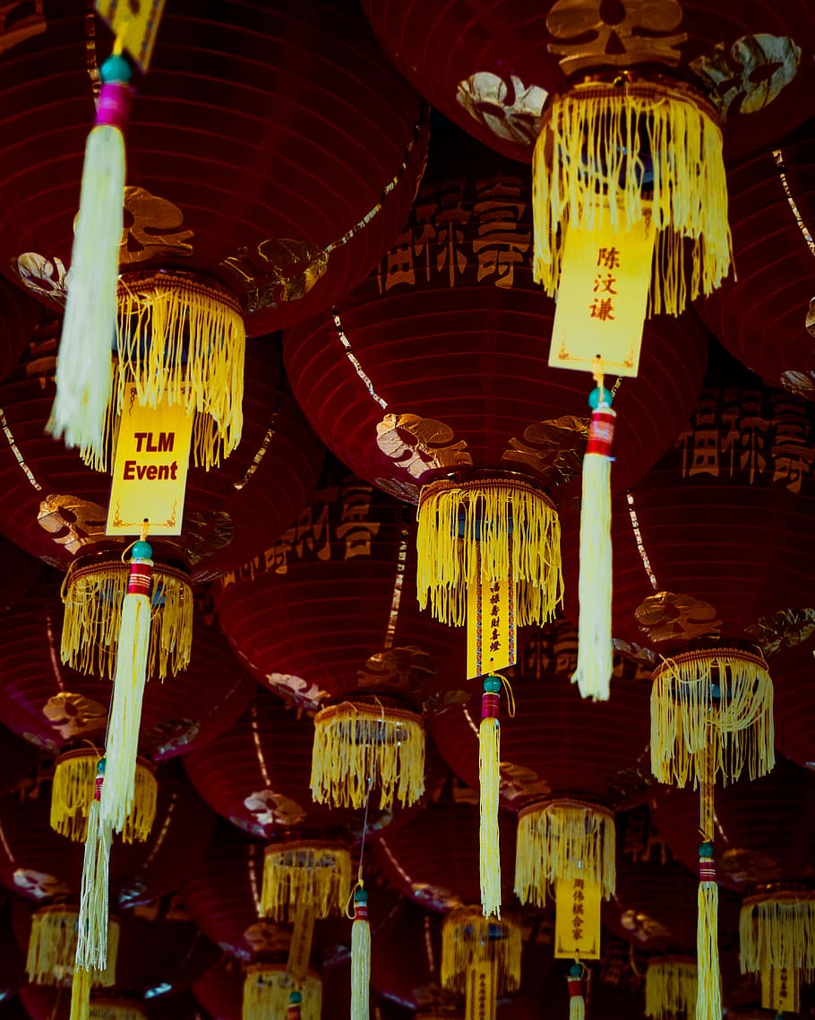 yellow lanterns, crowd, festival, lamp, lighting, theme park HD wallpaper