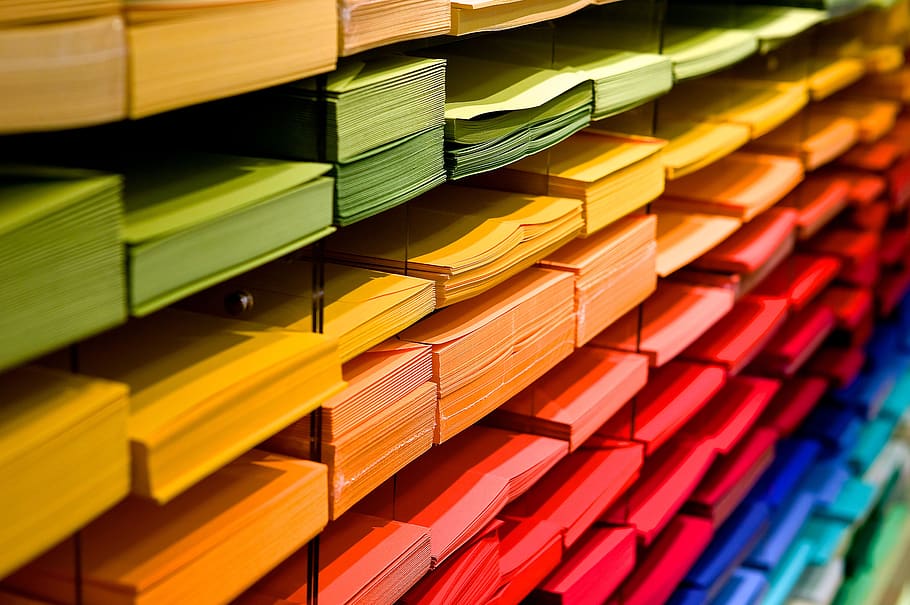 Multi Colored Folders Piled Up, bookstore, colorful, colourful