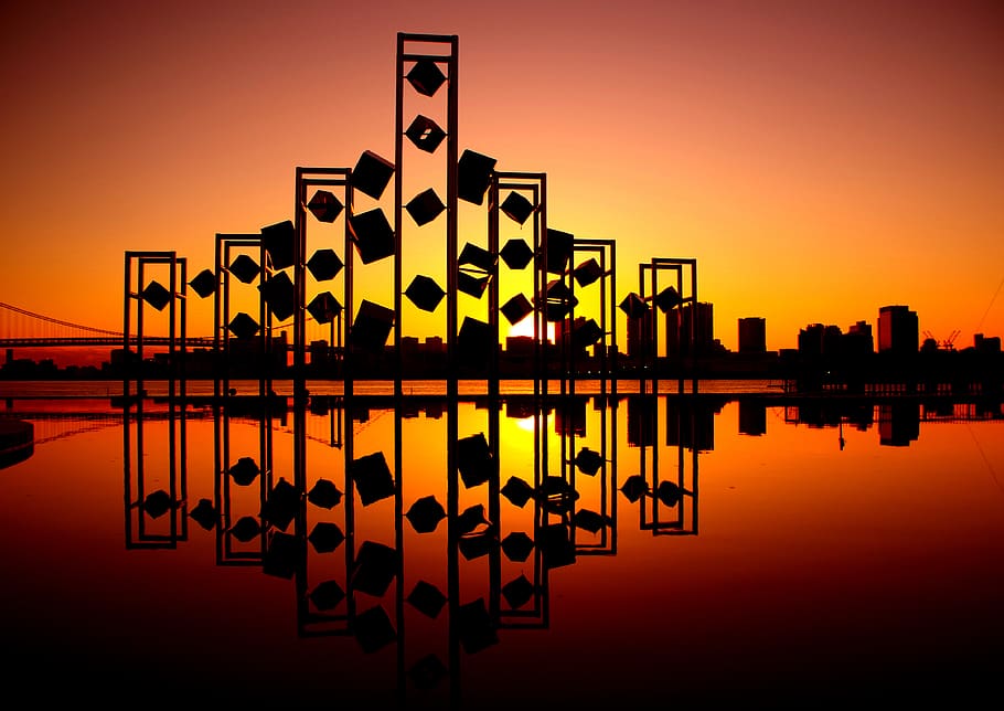 silhouette photography of an abstract building in front of cityscape, HD wallpaper