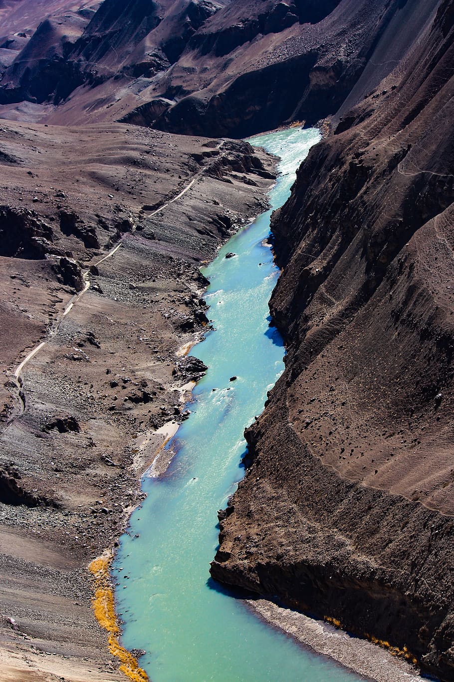 river, valley, leh, ladakh, landscape, water, mountain, rock, HD wallpaper