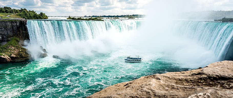 Boat Beside Waterfalls, cliff, daylight, famous landmark, landscape HD wallpaper