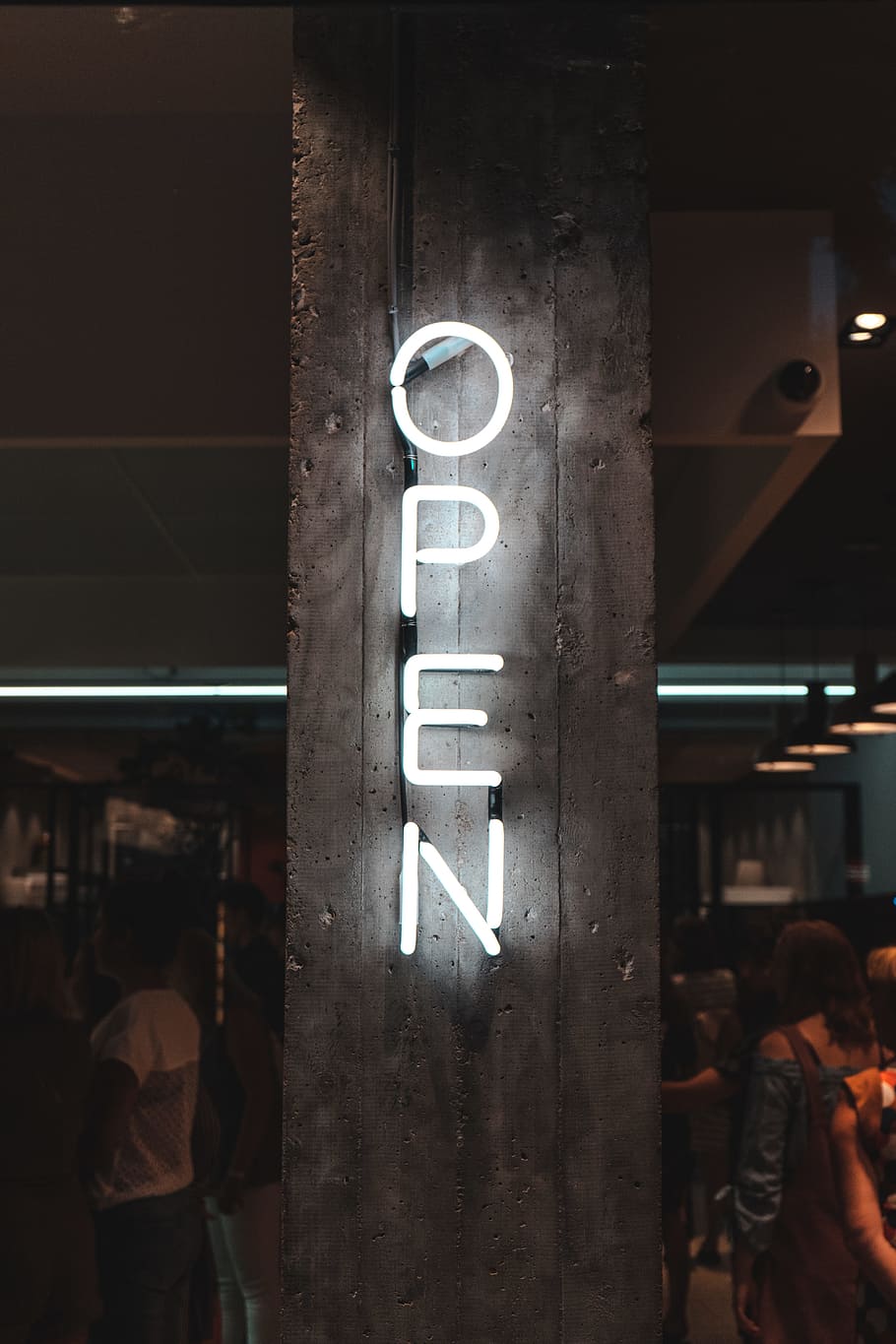 white OPEN LED sign, shop, street, neon, discover, art, text