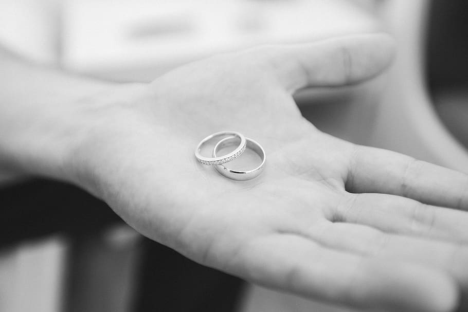 wedding bands grayscale photo, human hand, human body part, jewelry, HD wallpaper