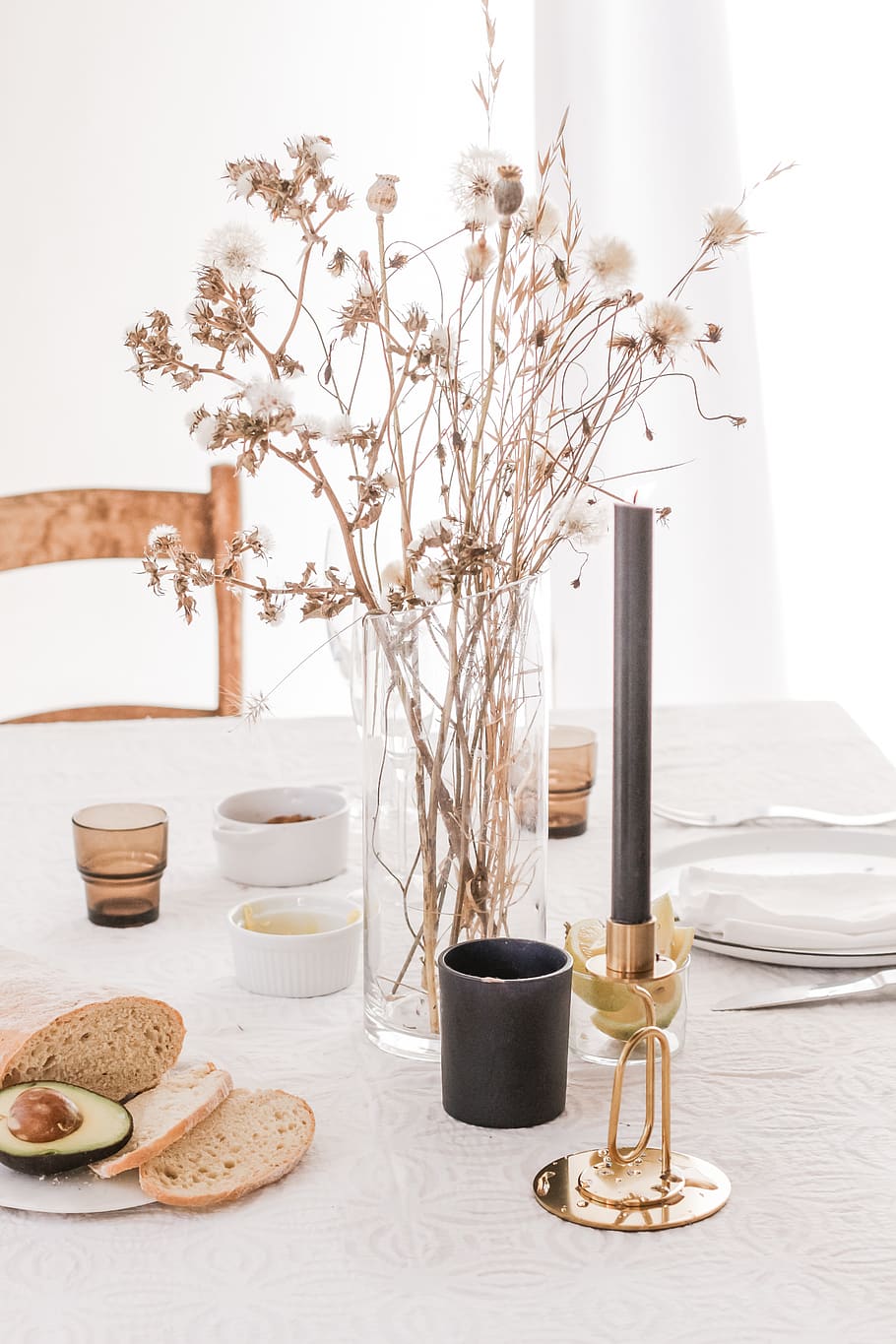 bread and flower placed on table, vase, food and drink, plant HD wallpaper