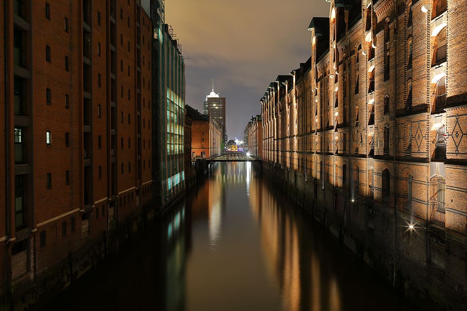 brown concrete buildings, water, canal, outdoors, germany, speicherstadt HD wallpaper