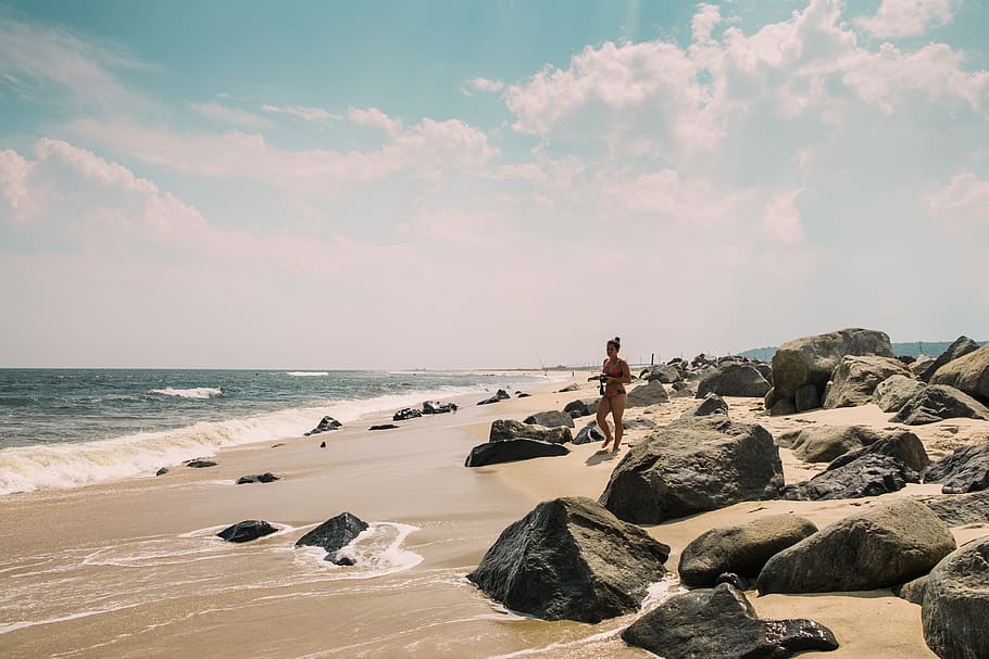 beach, ocean, water, waves, sea, rocks, sand, sky, clouds, land HD wallpaper